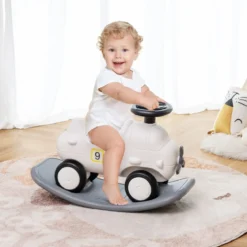 3 in 1 Schaukelpferd Schaukeltier & Rutschauto mit Abnehmbarem Balance Board Weiß Flugzeug
