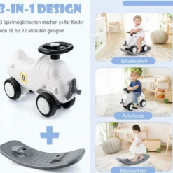 3 in 1 Schaukelpferd Schaukeltier & Rutschauto mit Abnehmbarem Balance Board Weiß Flugzeug