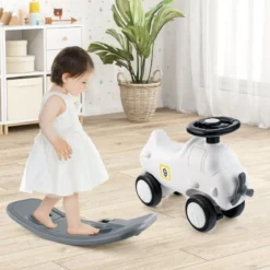 3 in 1 Schaukelpferd Schaukeltier & Rutschauto mit Abnehmbarem Balance Board Weiß Flugzeug