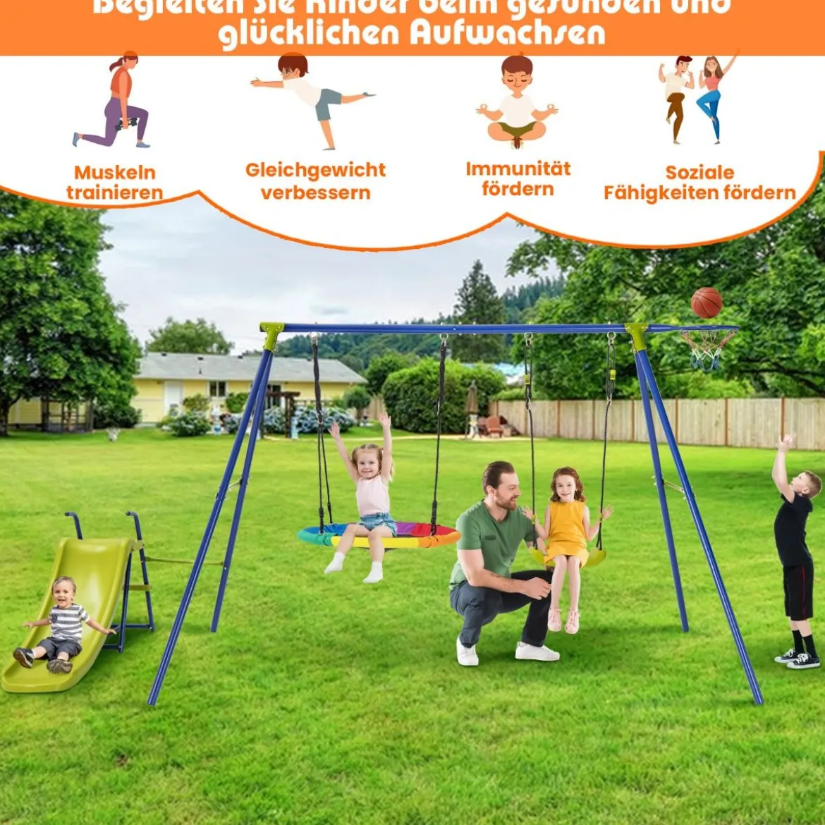 4-in-1-Schaukelset für 3-12 Jährige Robustes Spielset aus Metall mit Rutsche