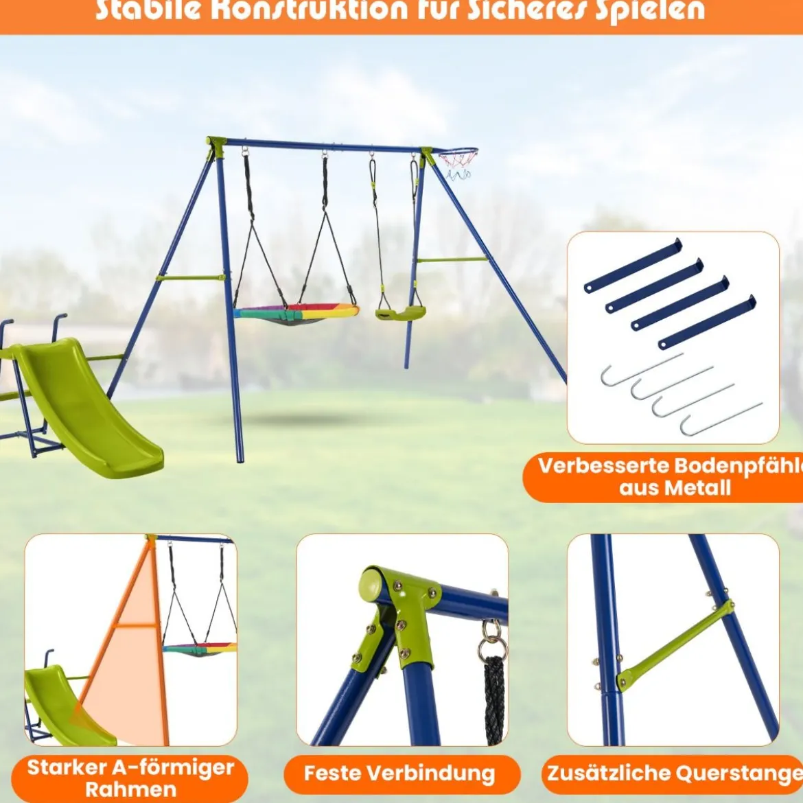 4-in-1-Schaukelset für 3-12 Jährige Robustes Spielset aus Metall mit Rutsche