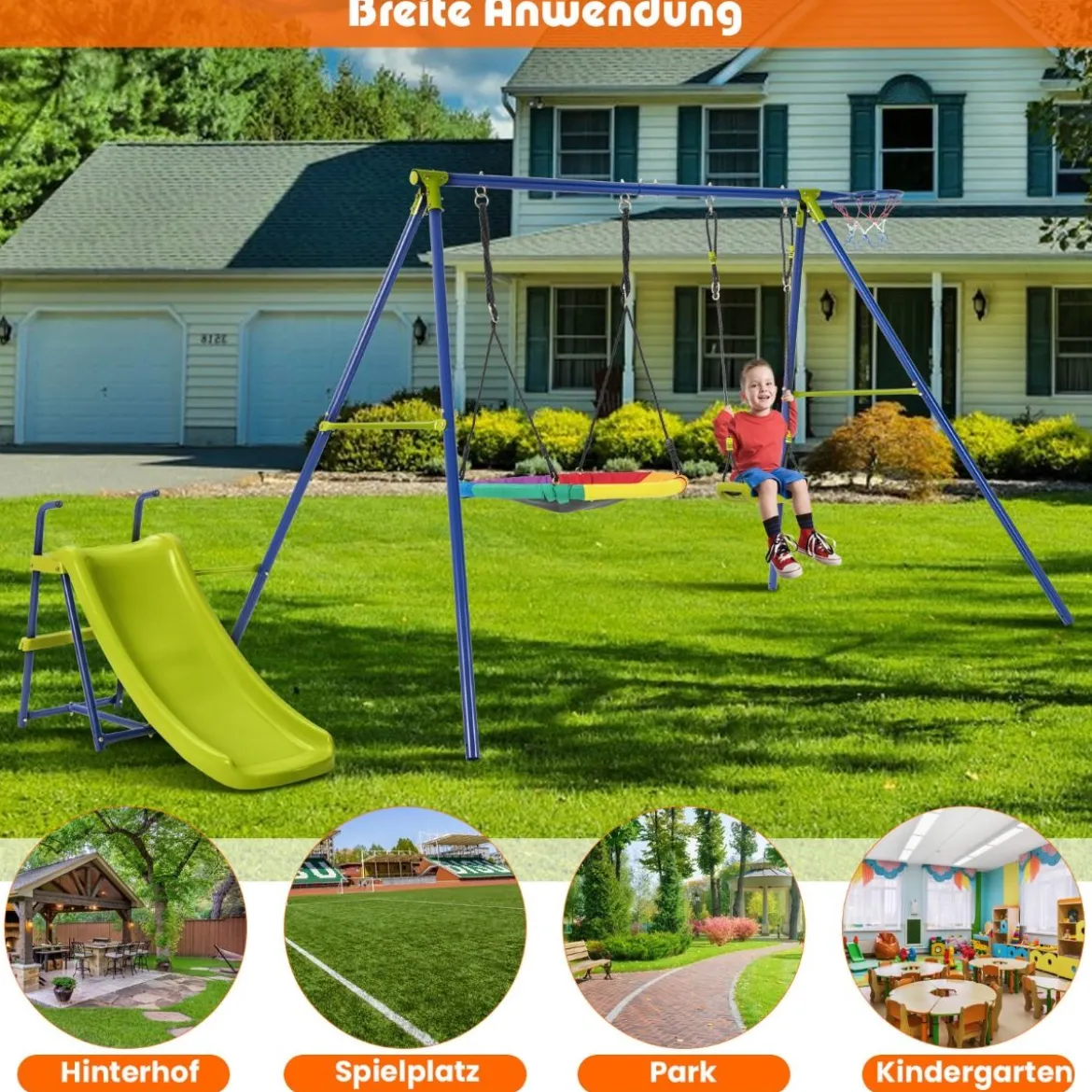 4-in-1-Schaukelset für 3-12 Jährige Robustes Spielset aus Metall mit Rutsche