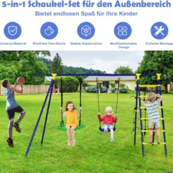 5 in 1 Schaukelset mit 2 Schaukeln Basketballkorb Kletternetz & Kletterleiter Kletter & Schaukelkombination Blau
