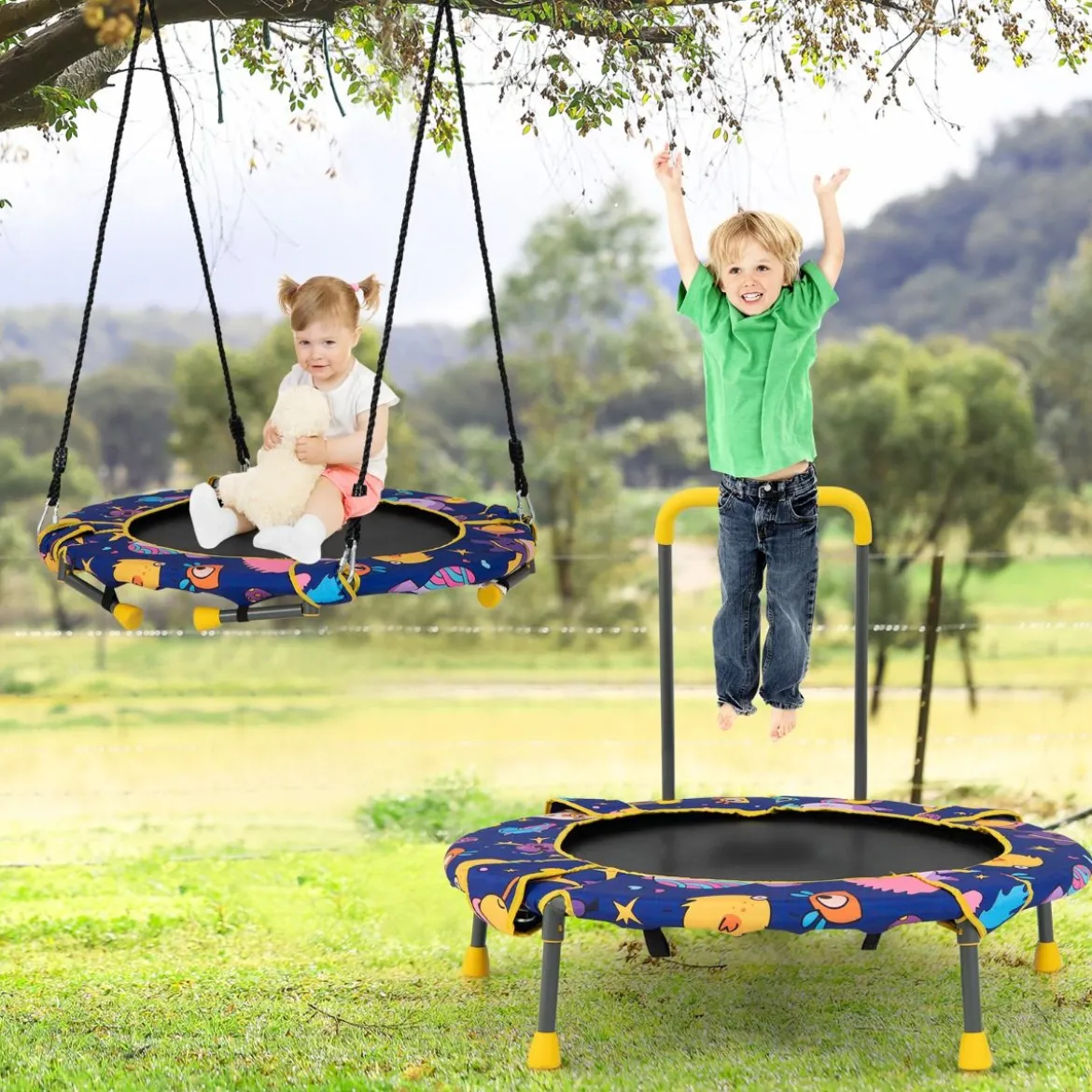 2 in 1 Schaukel- und Trampolin-Set für Kinder mit Handlauf Ø 92 x 70 cm Blau