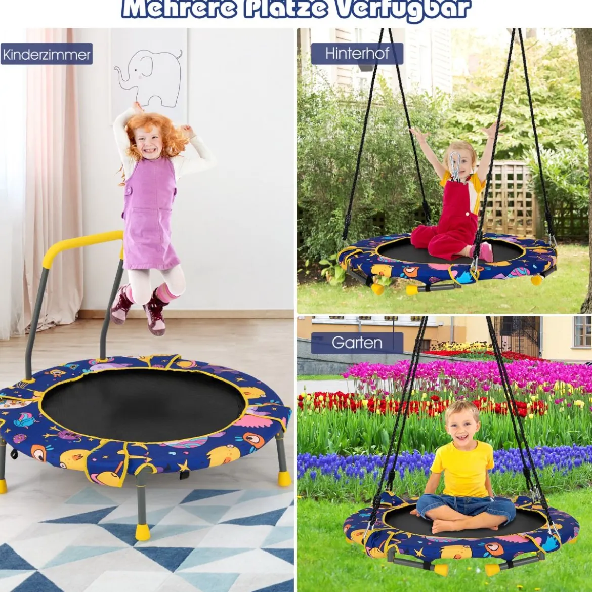 2 in 1 Schaukel- und Trampolin-Set für Kinder mit Handlauf Ø 92 x 70 cm Blau