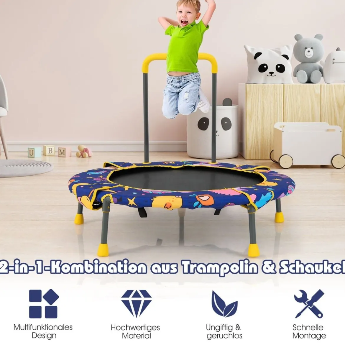 2 in 1 Schaukel- und Trampolin-Set für Kinder mit Handlauf Ø 92 x 70 cm Blau