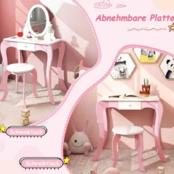 2 in 1 Schminktisch & Hocker für Kinder mit Spiegel 60 x 34 x 100 cm Pink + Weiß