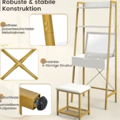 2 in 1 Schminktisch mit Hocker & Spiegel & Doppelten Ablagen & Verstecktem Schrank Weiß Gold