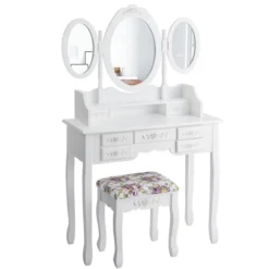 2 in 1 Schminktisch mit Klappbarer Spiegel & Hocker & 7 Schubladen & Offenem Regal Weiß