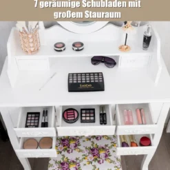 2 in 1 Schminktisch mit Klappbarer Spiegel & Hocker & 7 Schubladen & Offenem Regal Weiß