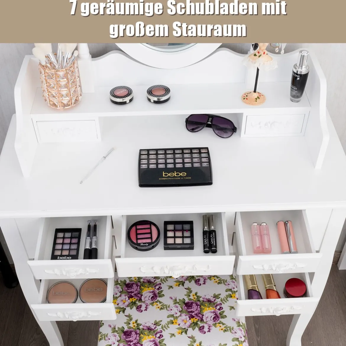2 in 1 Schminktisch mit Klappbarer Spiegel & Hocker & 7 Schubladen & Offenem Regal Weiß