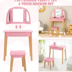 2-in-1-Schminktischset für Kinder Schminktisch & Hocker aus Holz 60 x 30 x 95 cm Rosa + Natur
