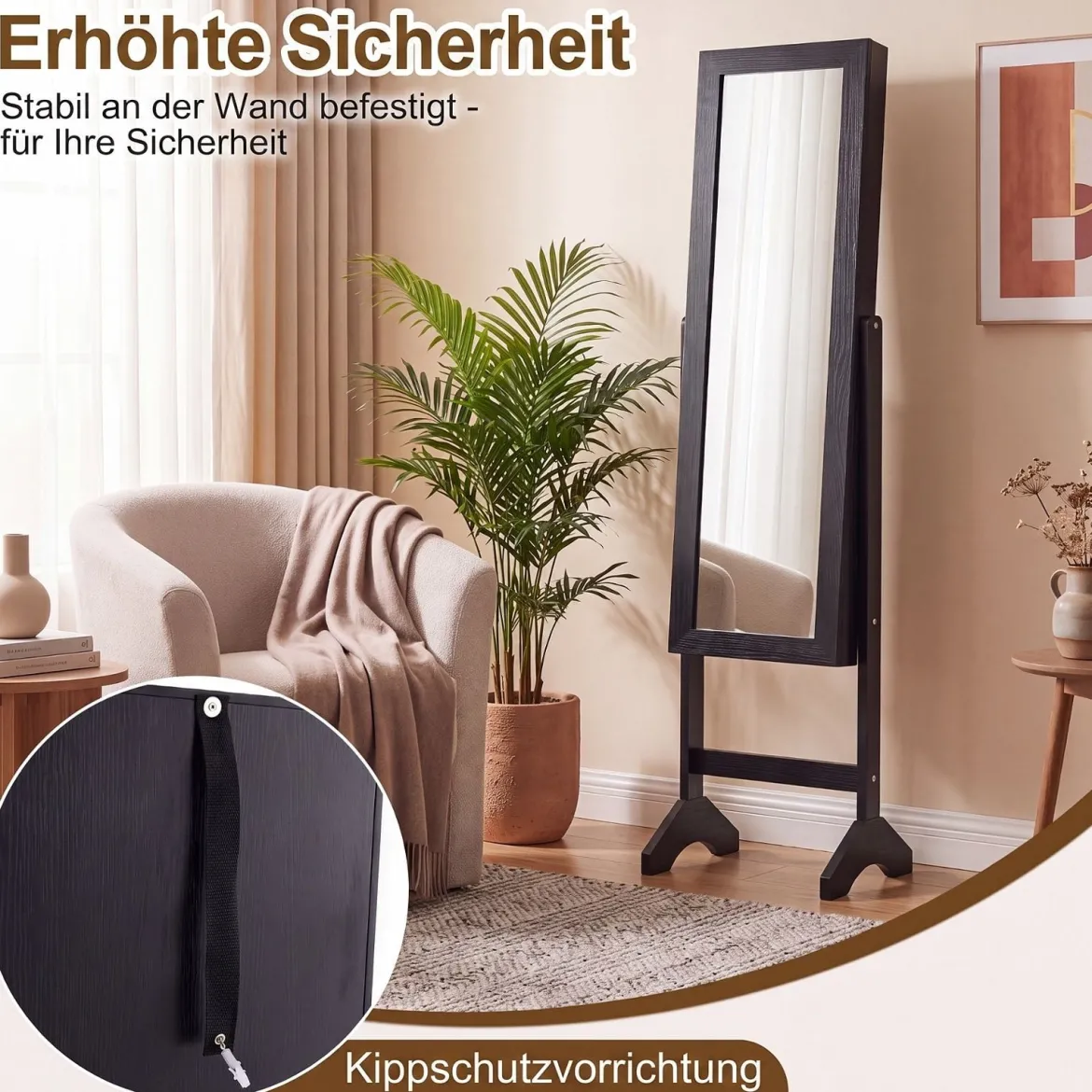 2 in 1 Schmuckschrank mit Robustem Holzrahmen Ganzkörperspiegel & 3 Ablagen