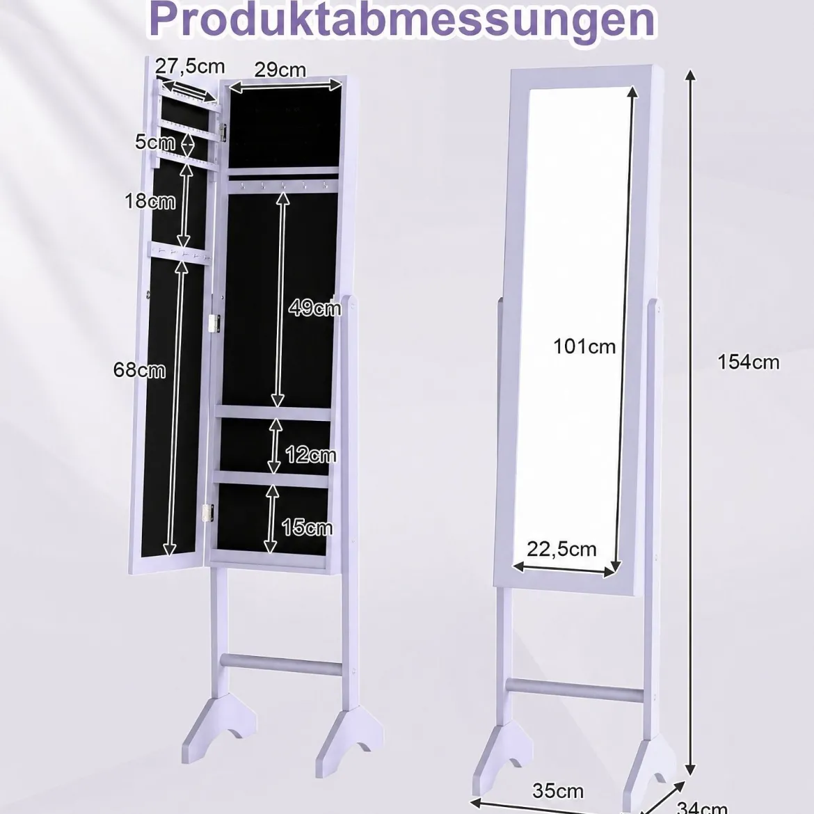 2 in 1 Schmuckschrank mit Robustem Holzrahmen Ganzkörperspiegel & 3 Ablagen