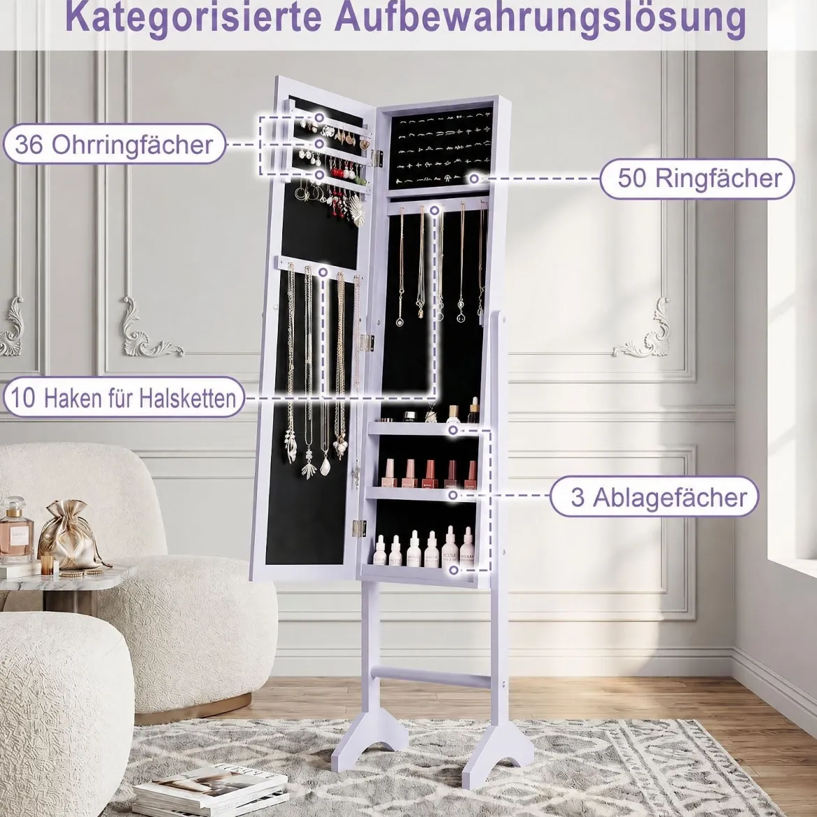 2 in 1 Schmuckschrank mit Robustem Holzrahmen Ganzkörperspiegel & 3 Ablagen