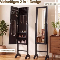 2 in 1 Schmuckschrank mit Robustem Holzrahmen Ganzkörperspiegel & 3 Ablagen