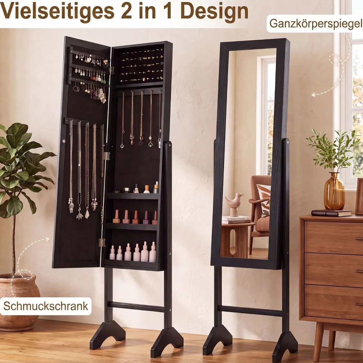 2 in 1 Schmuckschrank mit Robustem Holzrahmen Ganzkörperspiegel & 3 Ablagen