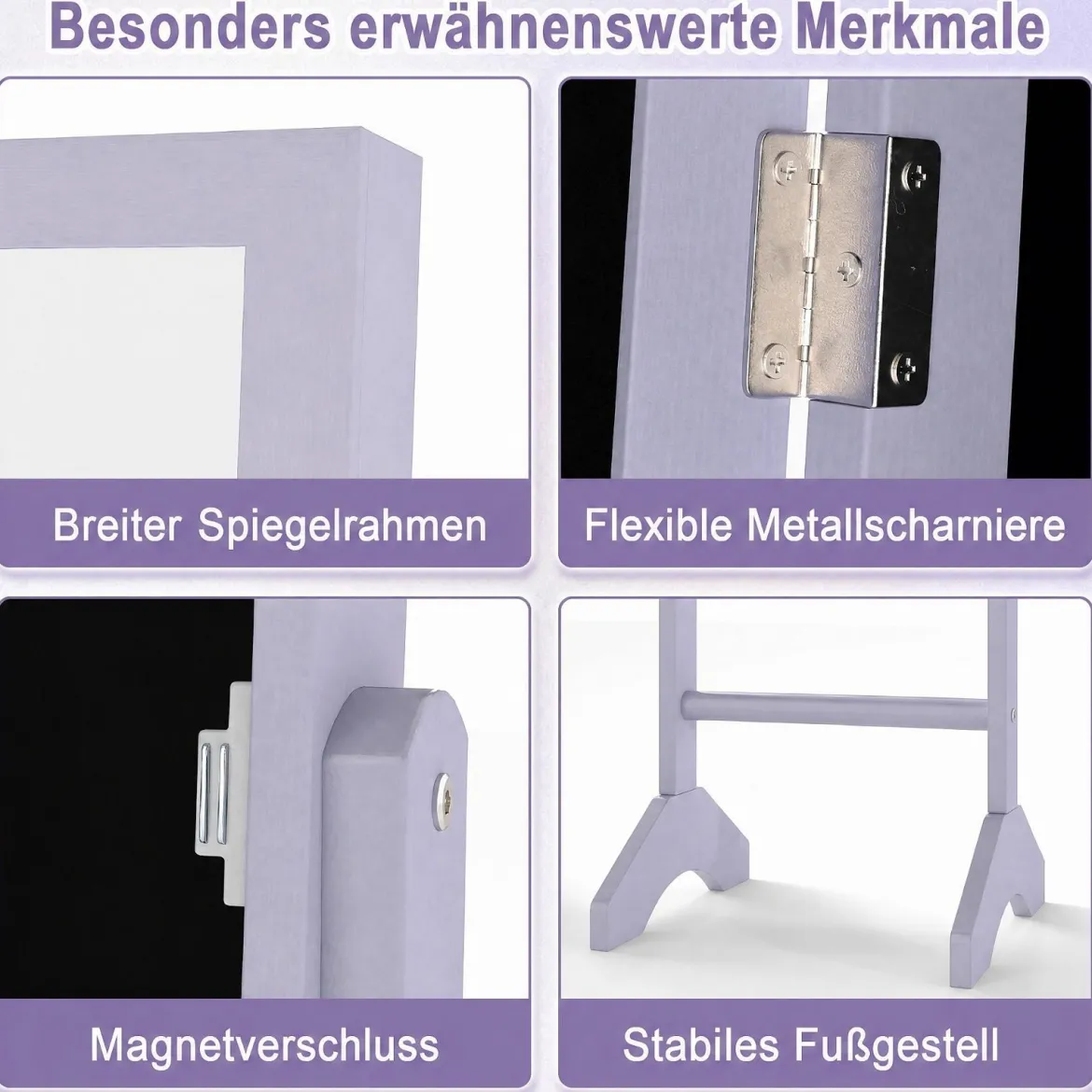 2 in 1 Schmuckschrank mit Robustem Holzrahmen Ganzkörperspiegel & 3 Ablagen