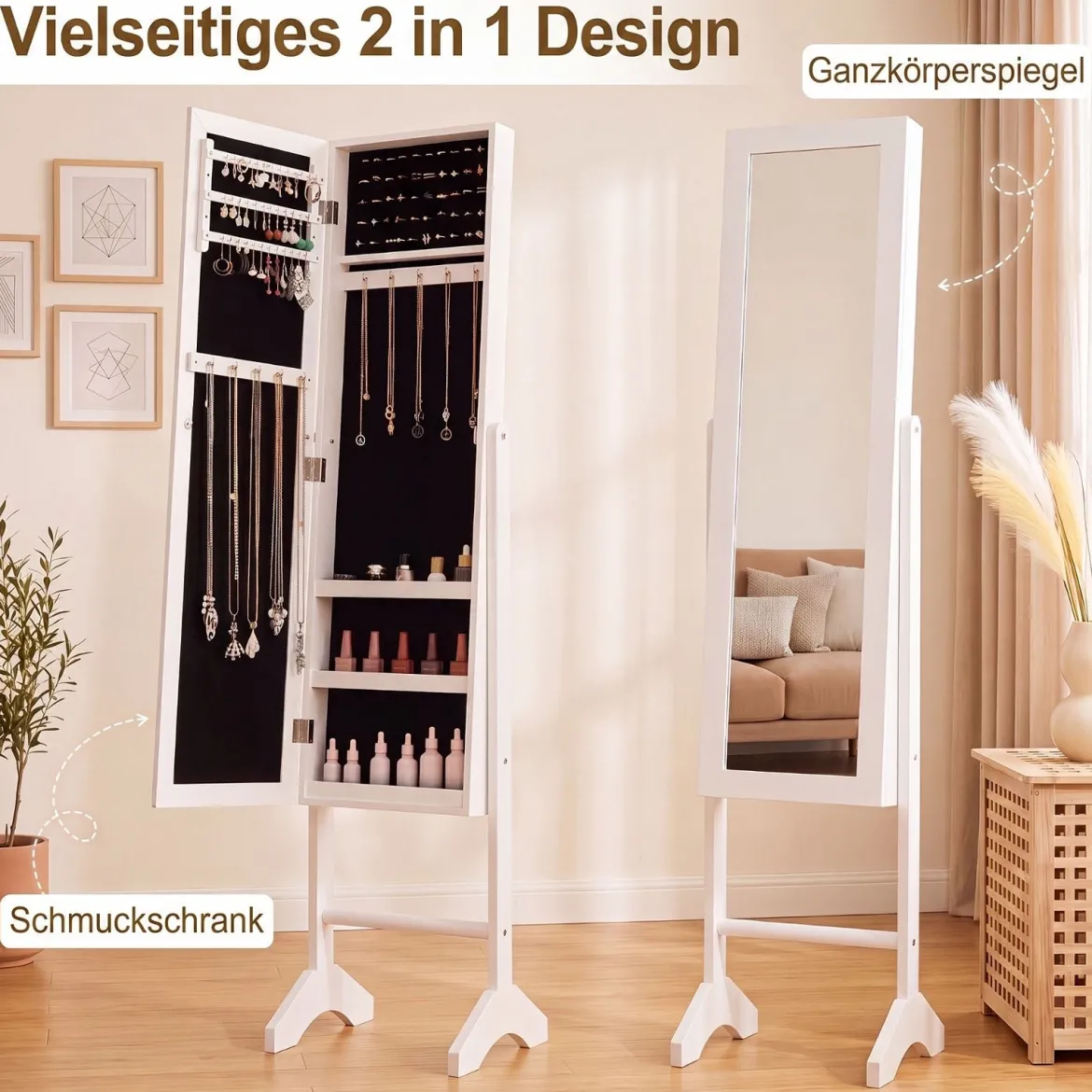 2 in 1 Schmuckschrank mit Robustem Holzrahmen Ganzkörperspiegel & 3 Ablagen