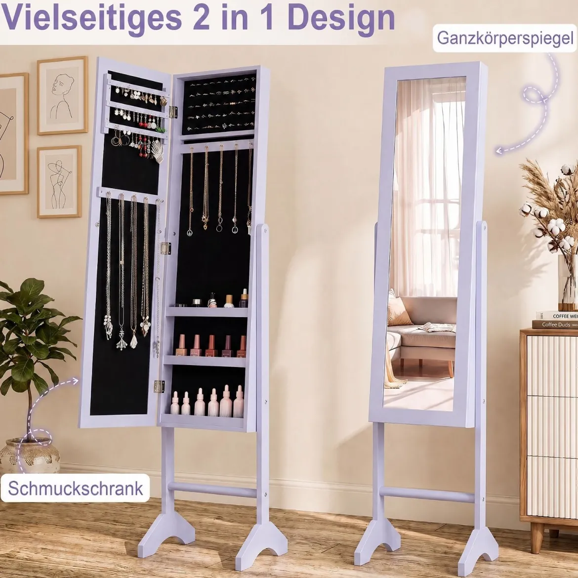 2 in 1 Schmuckschrank mit Robustem Holzrahmen Ganzkörperspiegel & 3 Ablagen