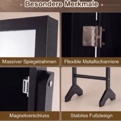 2 in 1 Schmuckschrank mit Robustem Holzrahmen Ganzkörperspiegel & 3 Ablagen
