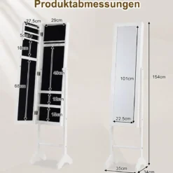2 in 1 Schmuckschrank mit Robustem Holzrahmen Ganzkörperspiegel & 3 Ablagen