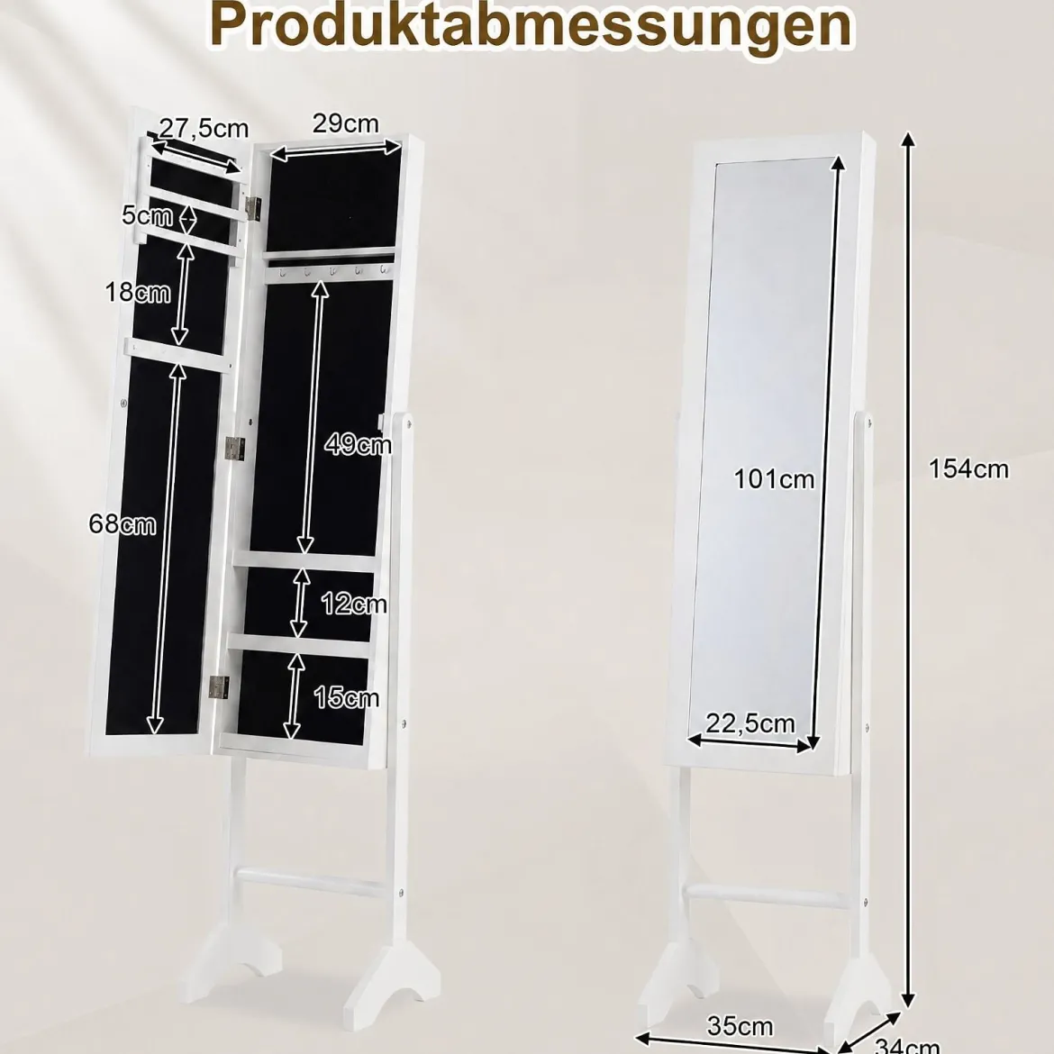 2 in 1 Schmuckschrank mit Robustem Holzrahmen Ganzkörperspiegel & 3 Ablagen
