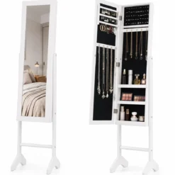 2 in 1 Schmuckschrank mit Robustem Holzrahmen Ganzkörperspiegel & 3 Ablagen