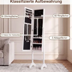 2 in 1 Schmuckschrank mit Robustem Holzrahmen Ganzkörperspiegel & 3 Ablagen