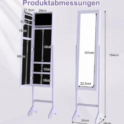 2 in 1 Schmuckschrank mit Robustem Holzrahmen Ganzkörperspiegel & 3 Ablagen