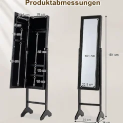 2 in 1 Schmuckschrank mit Robustem Holzrahmen Ganzkörperspiegel & 3 Ablagen