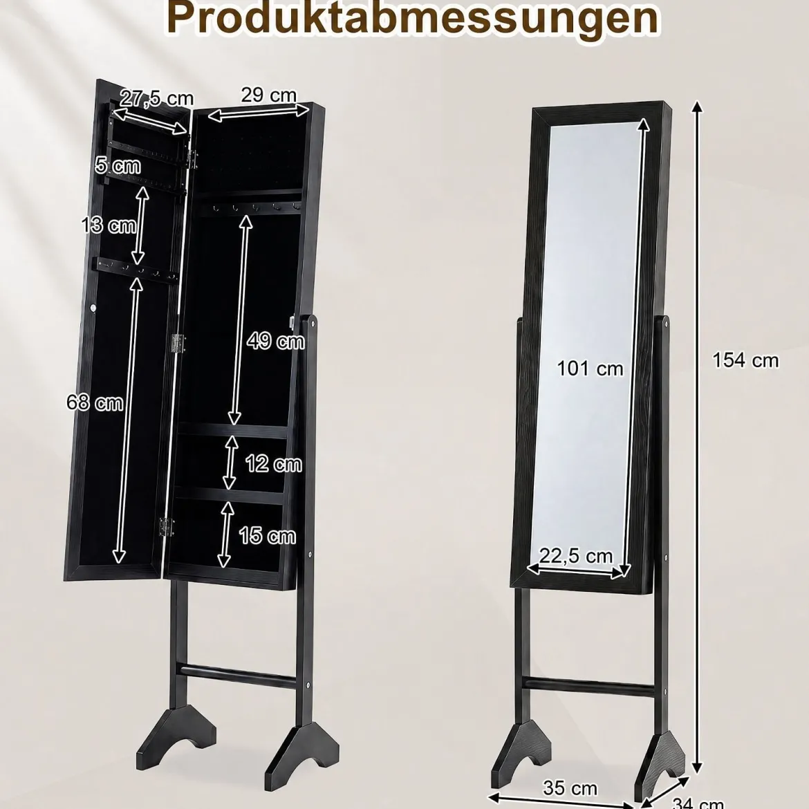 2 in 1 Schmuckschrank mit Robustem Holzrahmen Ganzkörperspiegel & 3 Ablagen