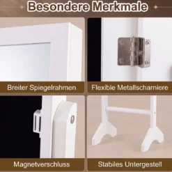 2 in 1 Schmuckschrank mit Robustem Holzrahmen Ganzkörperspiegel & 3 Ablagen