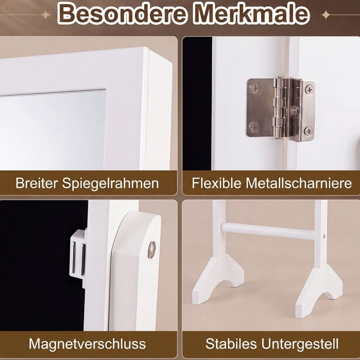 2 in 1 Schmuckschrank mit Robustem Holzrahmen Ganzkörperspiegel & 3 Ablagen
