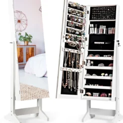 2 in 1 Schmuckschrank mit Spiegel abschließbarer Schmuckorganisator 41 x 36,5 x 146 cm Weiß