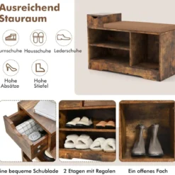 2 in 1 Schuhregal & Sitzbank mit Schublade & 3 Fächer & Sitzkissen Schuhbank Vintage