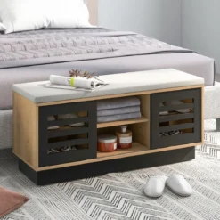 2 in 1 Sitzbank & Schuhregal mit 6 Fächer & 3 Verstellbaren Ablagen Schiebetüre 99,5 x 34,5 x 46 cm Natur