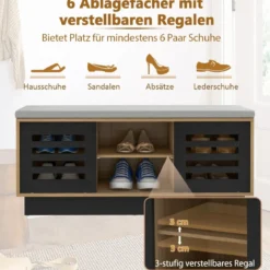 2 in 1 Sitzbank & Schuhregal mit 6 Fächer & 3 Verstellbaren Ablagen Schiebetüre 99,5 x 34,5 x 46 cm Natur
