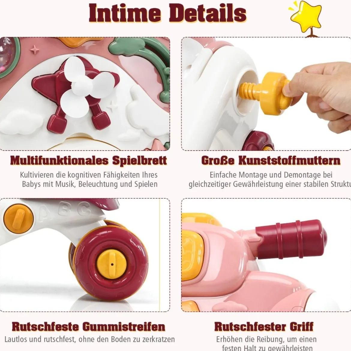 3-in-1 Sitz-Stehlaufhilfen für Babys Lauflernwagen Baby Walker 46 x 46 x 46 cm Rosa