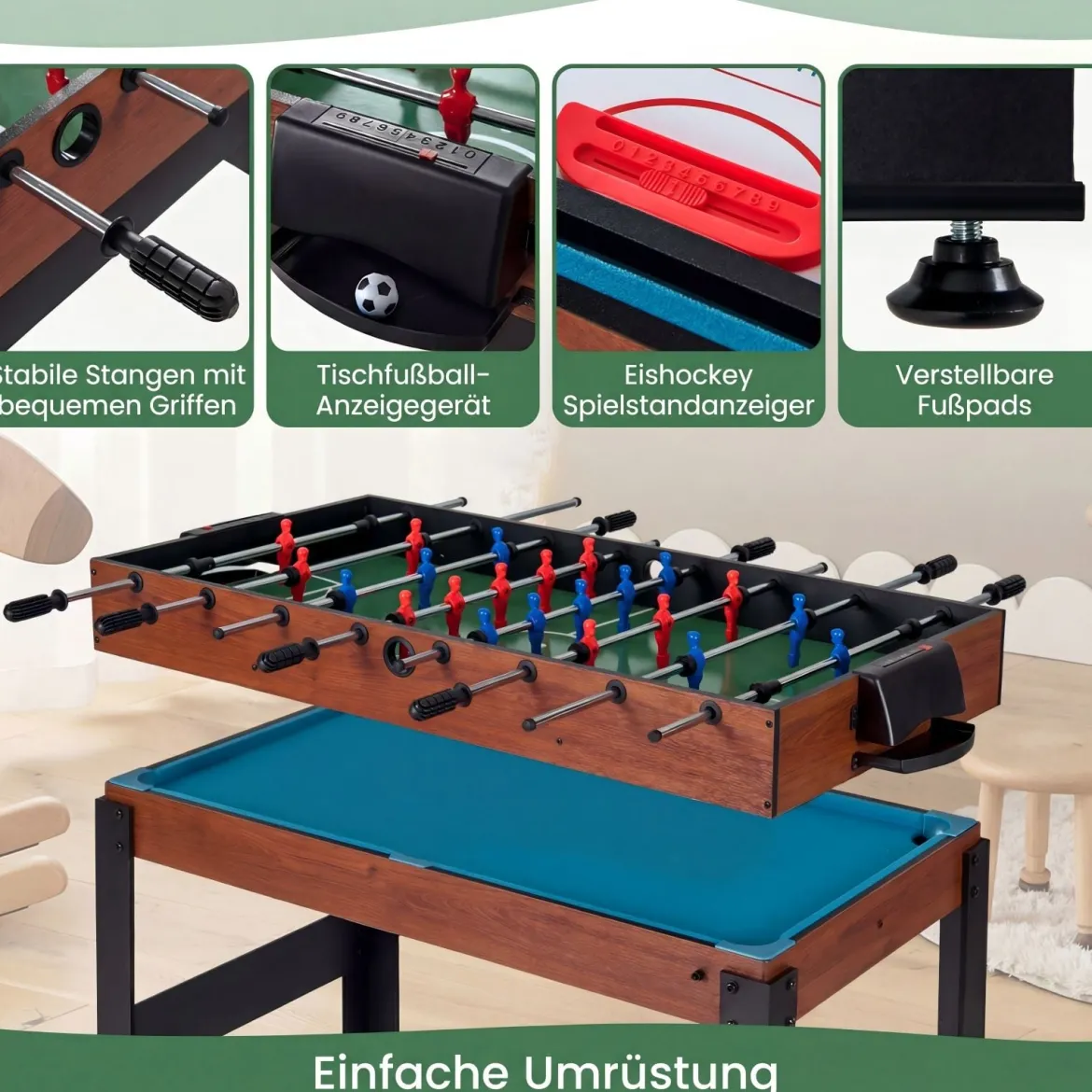 15 in 1 Spieltisch Set Tischspiel Multifunktional mit Tischfußball Hockey Billard Tischtennis Natur+Schwarz