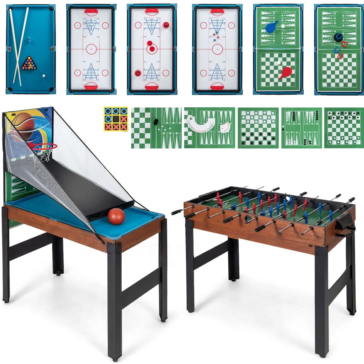 15 in 1 Spieltisch Set Tischspiel Multifunktional mit Tischfußball Hockey Billard Tischtennis Natur+Schwarz