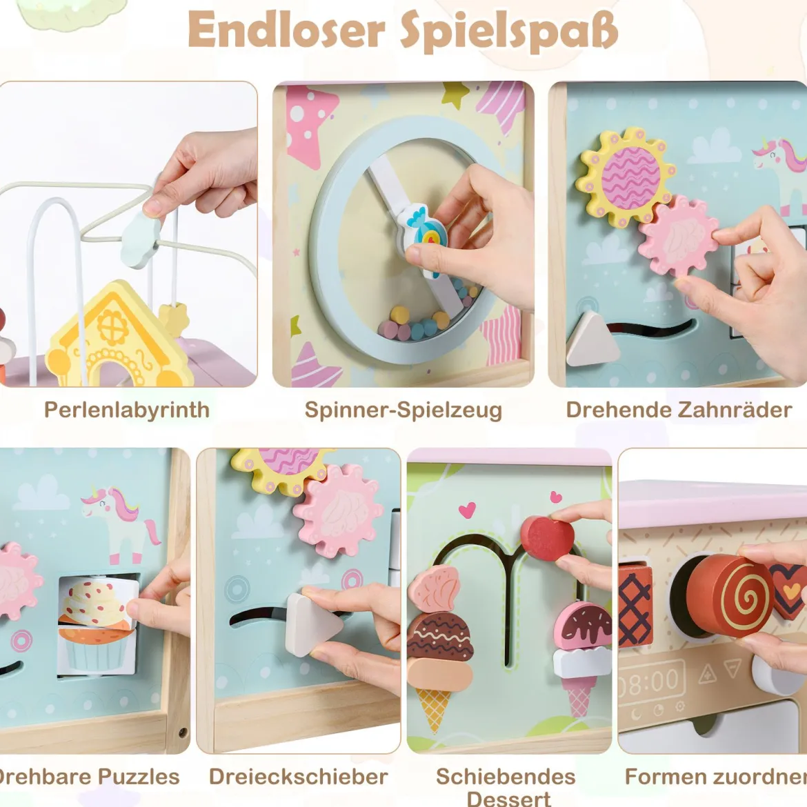 7 in 1 Spielwürfel mit Motorikschleife & Steckspiel Holz Motorikwürfel Activity Würfel mit Stauraum