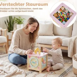 7 in 1 Spielwürfel mit Motorikschleife & Steckspiel Holz Motorikwürfel Activity Würfel mit Stauraum