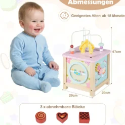 7 in 1 Spielwürfel mit Motorikschleife & Steckspiel Holz Motorikwürfel Activity Würfel mit Stauraum
