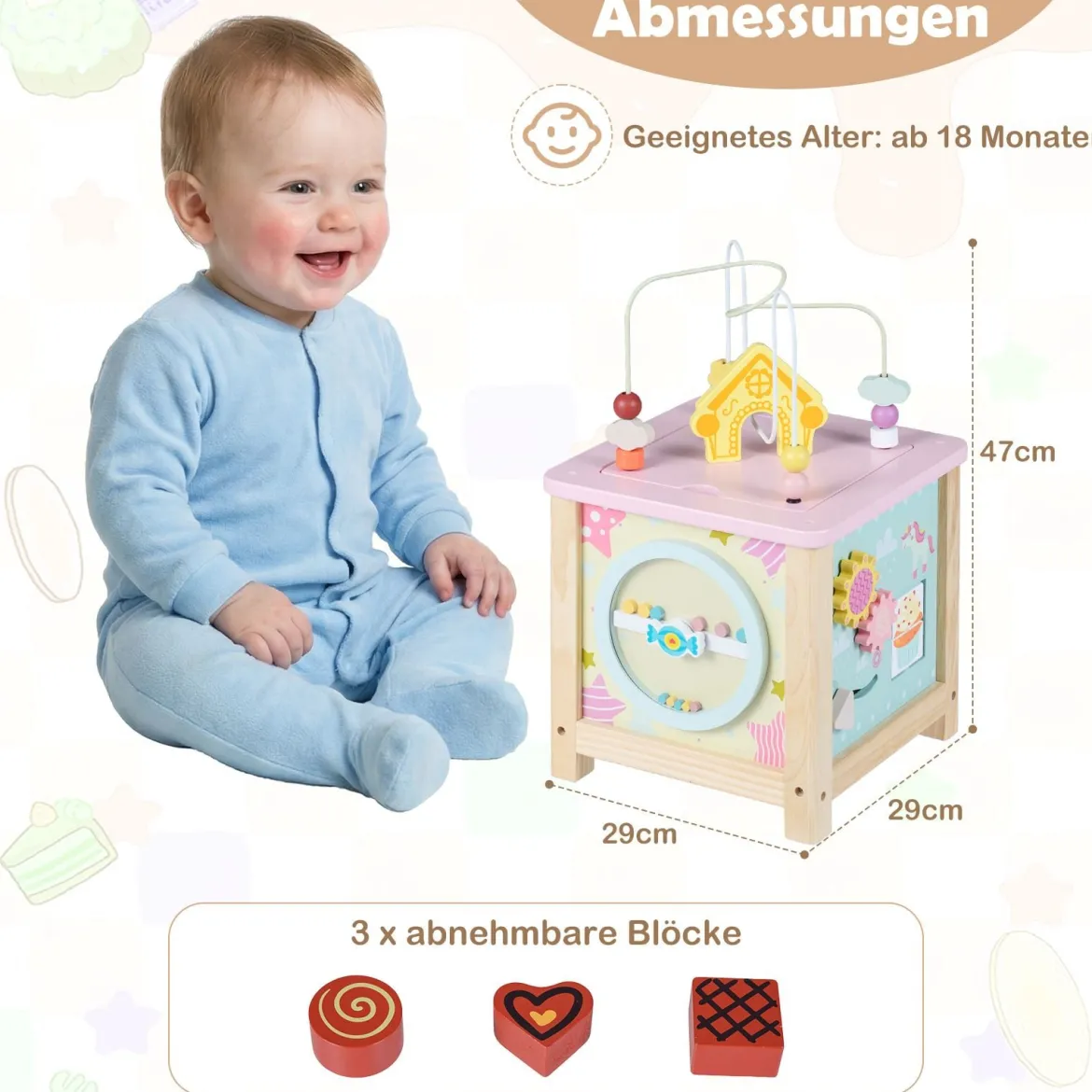 7 in 1 Spielwürfel mit Motorikschleife & Steckspiel Holz Motorikwürfel Activity Würfel mit Stauraum
