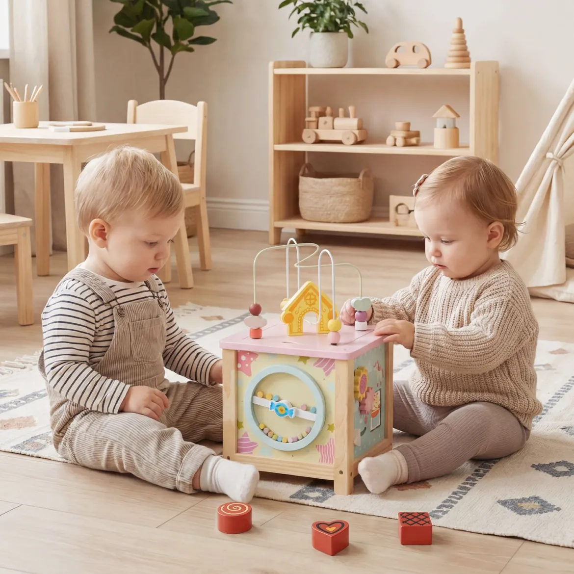 7 in 1 Spielwürfel mit Motorikschleife & Steckspiel Holz Motorikwürfel Activity Würfel mit Stauraum