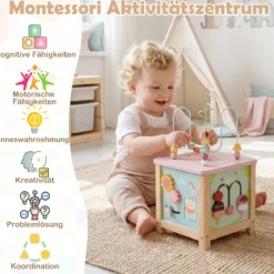 7 in 1 Spielwürfel mit Motorikschleife & Steckspiel Holz Motorikwürfel Activity Würfel mit Stauraum