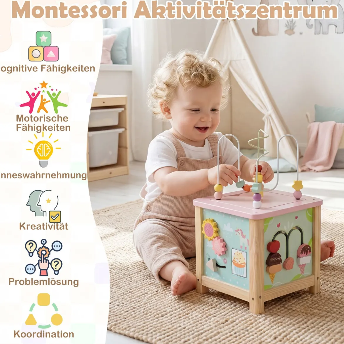 7 in 1 Spielwürfel mit Motorikschleife & Steckspiel Holz Motorikwürfel Activity Würfel mit Stauraum