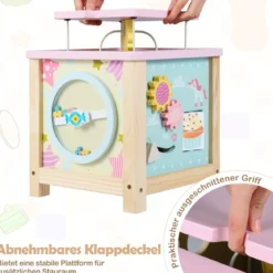 7 in 1 Spielwürfel mit Motorikschleife & Steckspiel Holz Motorikwürfel Activity Würfel mit Stauraum