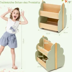 4 in 1 3tlg. Kindersitzgruppe aus Holz + Kinder Bücherregal aus Holz mit Universalrädern Set